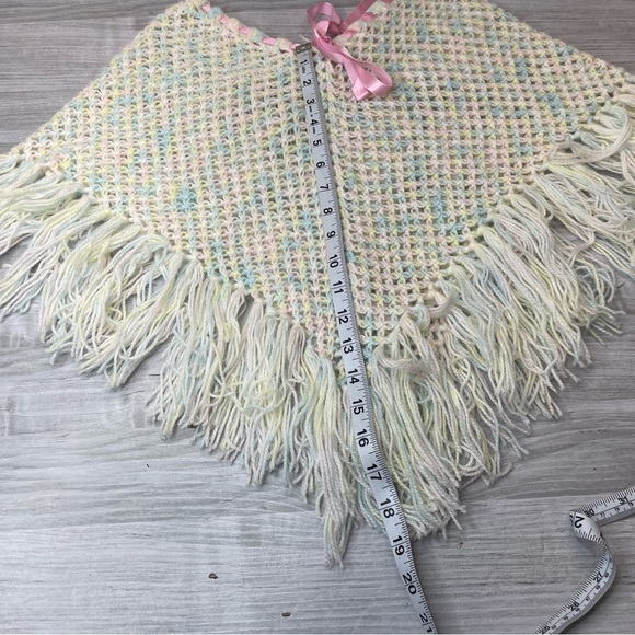Handmade Little Girl’s Crochet Triangle Shawl Fringe Pancho Pastel w/Pink Ribbon - Picture 8 of 8